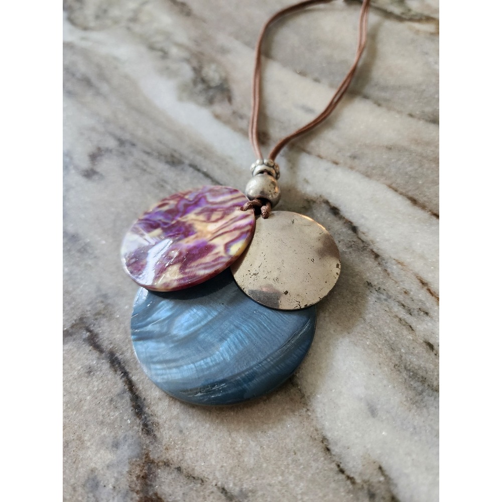 Boho Shell Disc Pendant Necklace Blue Purple Mother of Pearl Cord Silver